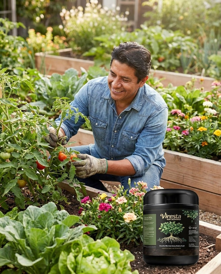 Jardinero orgulloso en un huerto saludable con el pote de Viresta en primer plano