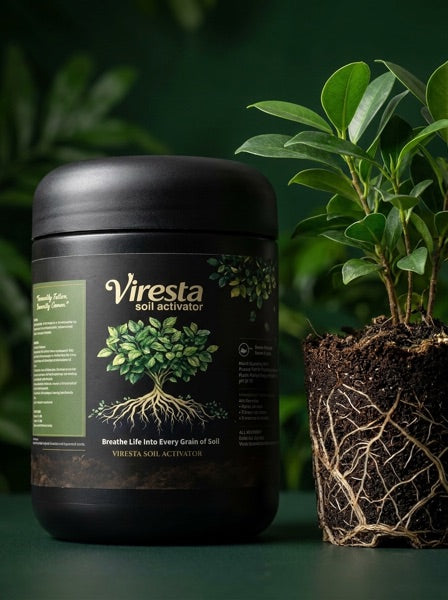 Pote de Viresta junto a una planta joven con raíces sanas en tierra oscura y fértil