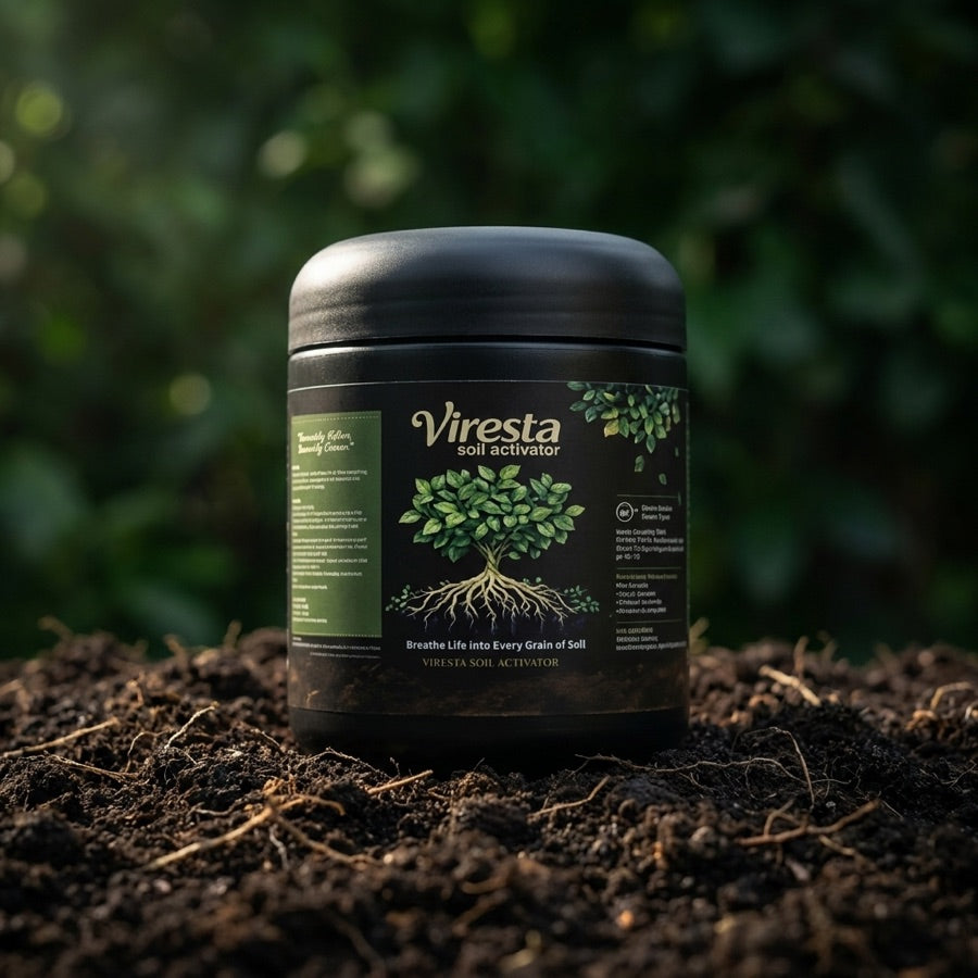 Pote de Revitalizador de suelo Viresta 450g sobre tierra de jardín