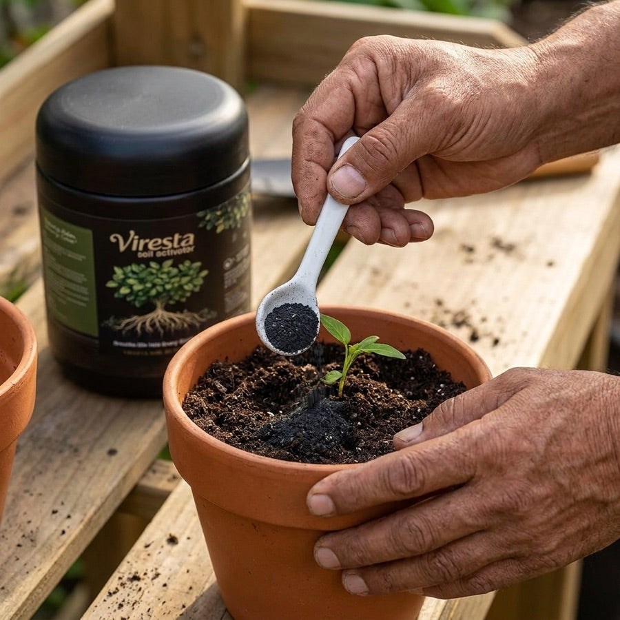 Aplicando gránulo de Viresta con cuchara dosificadora sobre maceta con plántula